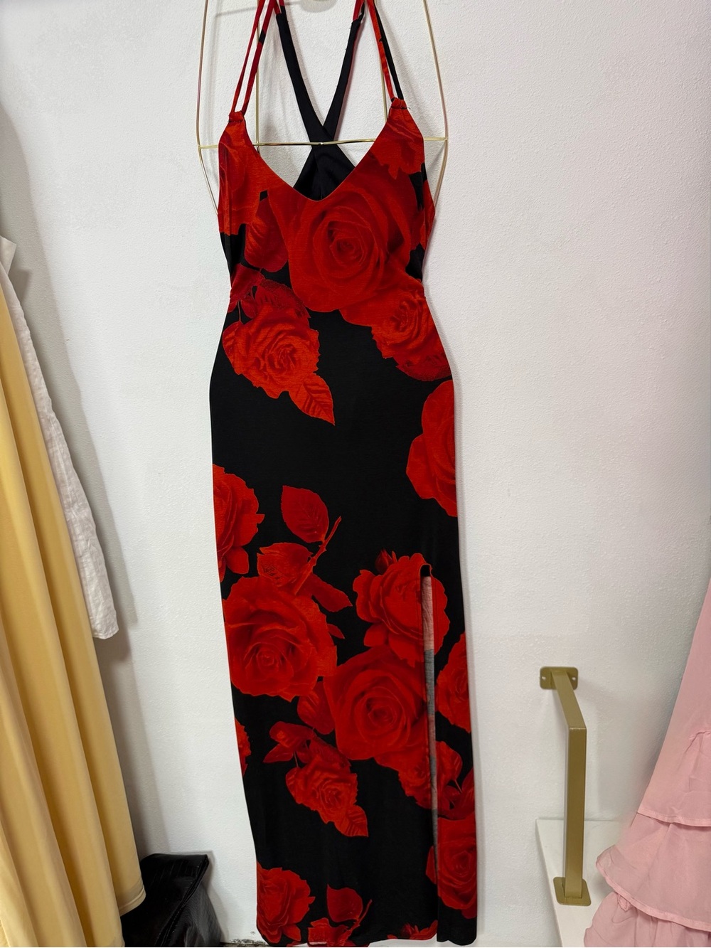 Red Rose Print Black Maxi Dress with Side Slit
